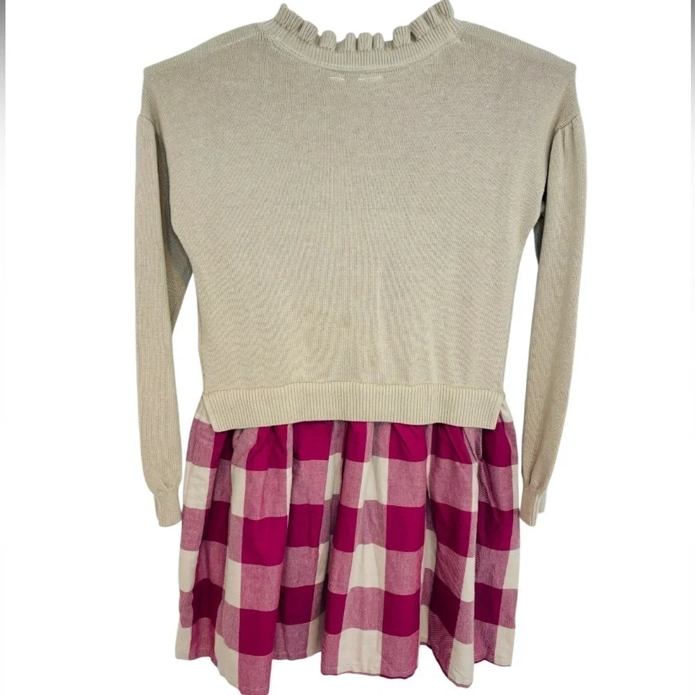 GAP KIDS 2-in-1 SWEATER DRESS, TAN & CRANBERRY PLAID, SIZE L